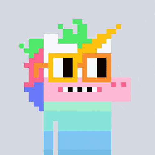 a pixel art drawing of a colorful monster with glasses and a crown