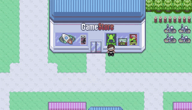 a video game shows a man standing outside of a game store