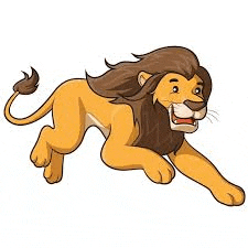 a cartoon lion with a long mane is running on a white background .