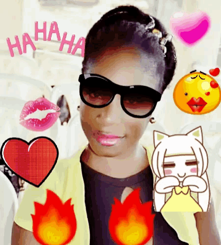 a woman wearing sunglasses surrounded by emojis including a cat and a heart