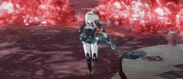 a cartoon character is standing in the water holding a sword .