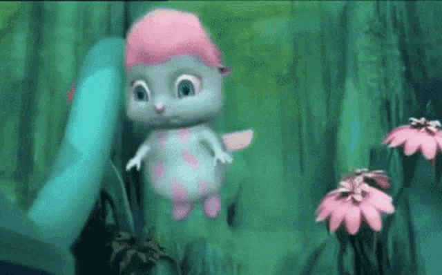 a cartoon character with pink hair is standing next to a pink flower .