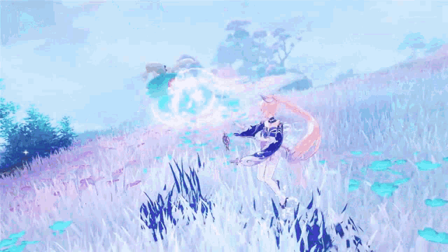 a girl with pink hair and blue eyes is holding a sword
