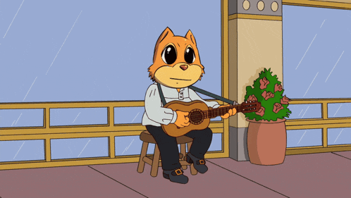 a cartoon cat is playing a guitar on a balcony