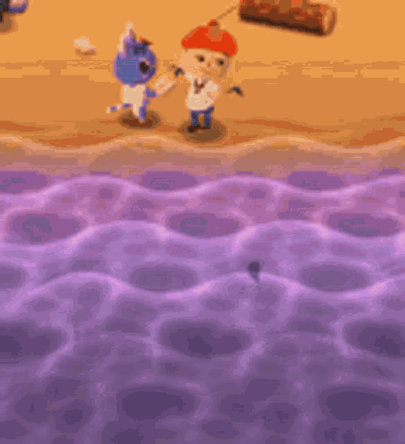 a cartoon character is holding a fishing rod and talking to a blue cat