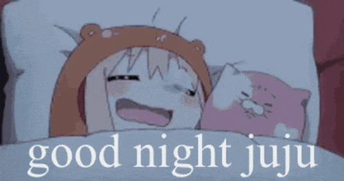 a cartoon girl is laying in a bed with a cat and the words good night juju