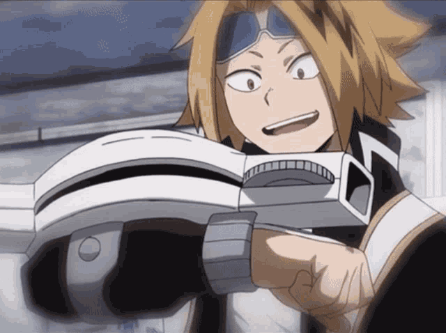 a yellow haired anime character is holding a white object in his hand