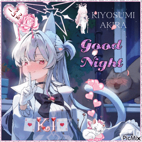 a picture of a girl with cat ears and the words good night on it