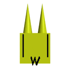 a yellow cube with two yellow cones on top