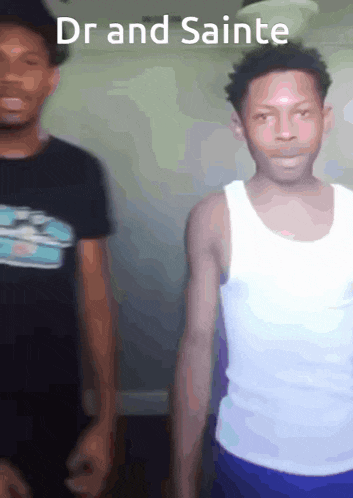two young men standing next to each other with the words dr and sainte written above them