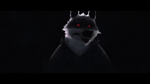 a black and white animal with red eyes is standing in a dark room