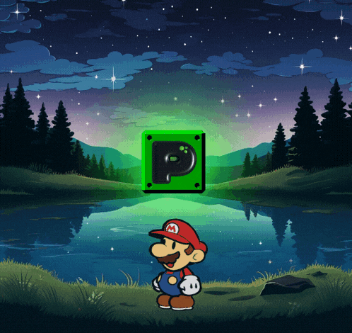 a cartoon of mario with a green block with the letter p on it