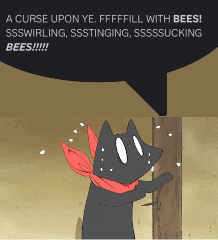 a black cat with a red scarf around its neck is standing next to a tree with the words a curse upon ye