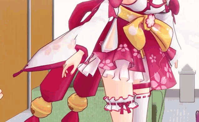 a cartoon of a girl in a red and white dress with a bow around her waist .