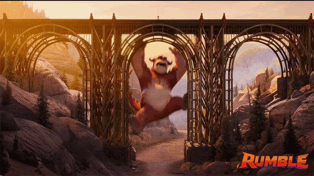 an advertisement for a movie called rumble with a monster jumping over a bridge