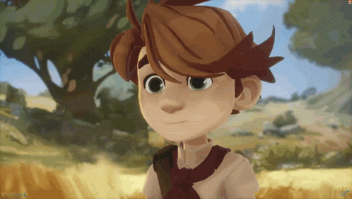 a cartoon of a boy with a scarf around his neck is displayed on a screen