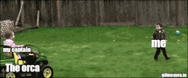 a gif of a child playing with a ball with the words " my captain the orca " on it