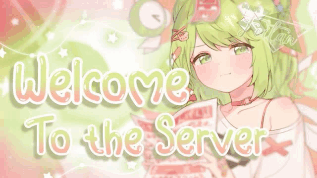 a girl with green hair is holding a book and the words `` welcome to the server '' are written in white letters .