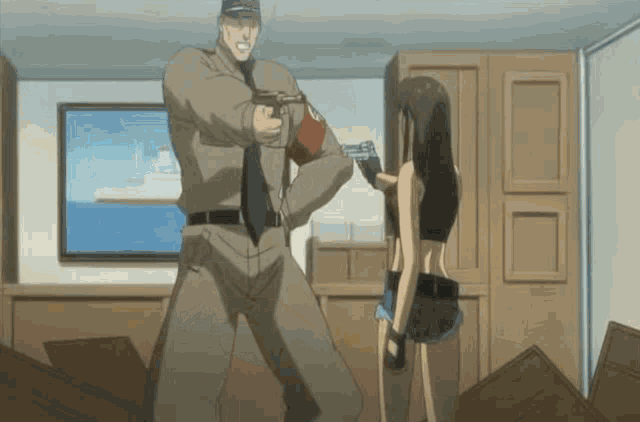 a man in a military uniform is pointing a gun at a woman in shorts