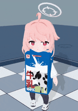 a girl with pink hair is wearing a carton of milk that says 100 % on it
