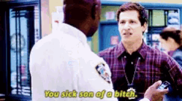 a man in a plaid shirt is talking to a police officer who says you sick son of a bitch ..