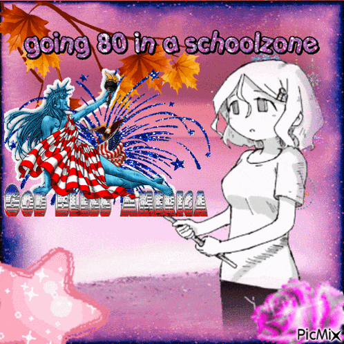 a cartoon of a girl with the words going 80 in a school zone