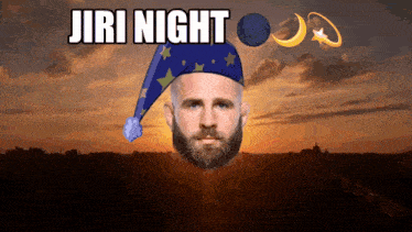 a man with a beard is wearing a sleep hat with the words jiri night written above him