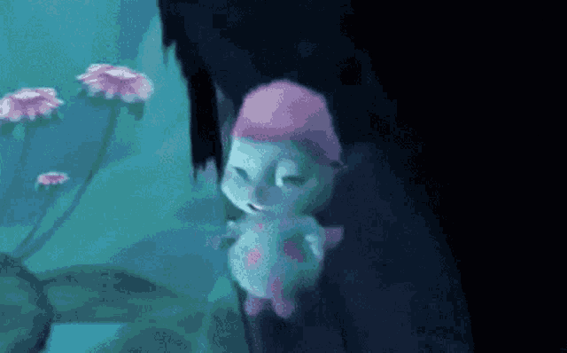 a cartoon character with a pink hat is standing next to a tree .