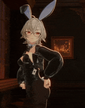 a girl with bunny ears and glasses is standing in front of a framed picture