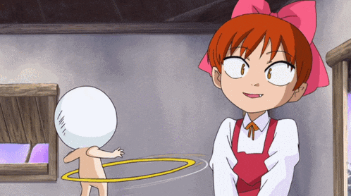 a cartoon character with red hair and a pink bow is standing next to a hula hoop