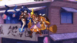 a group of anime characters are standing in front of a building with a sign that says time