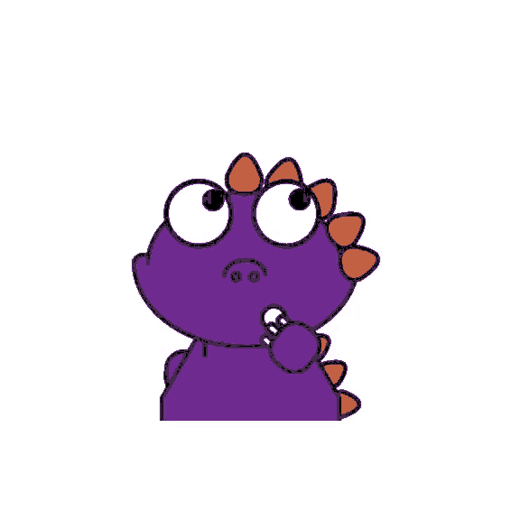a purple dinosaur with orange horns says psstttt in orange letters