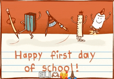 a happy first day of school greeting card with cartoon characters