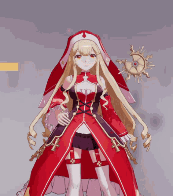 a girl with long blonde hair wearing a red and white dress