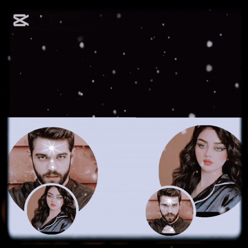 a man and a woman are surrounded by circles and the word sonry is on the bottom of the screen