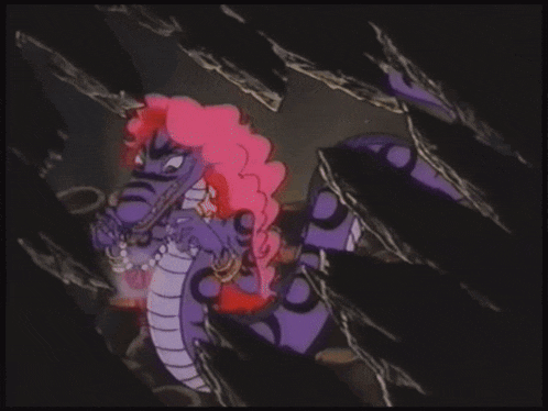 a cartoon drawing of a purple dragon with pink hair and a necklace