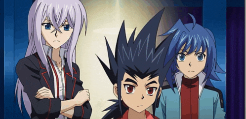 a group of anime characters are standing next to each other and one of them has the letter w on his hair