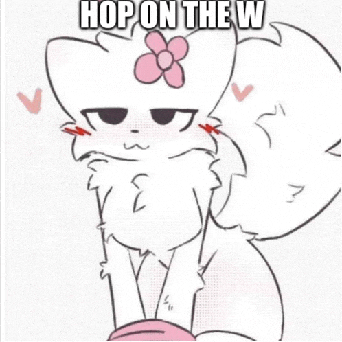 a drawing of a white cat with a flower on its head and the words `` hop on the w '' .