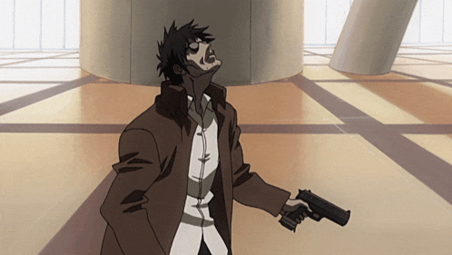 a man in a brown coat is holding a gun in his hand