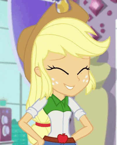 a cartoon girl with blonde hair and an apple on her belt is smiling