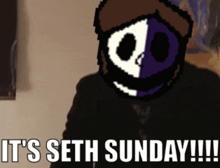a pixel art of a man with the words " it 's seth sunday "