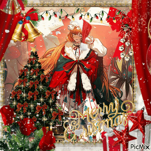 a picture of a girl in front of a christmas tree with merry christmas written on the bottom