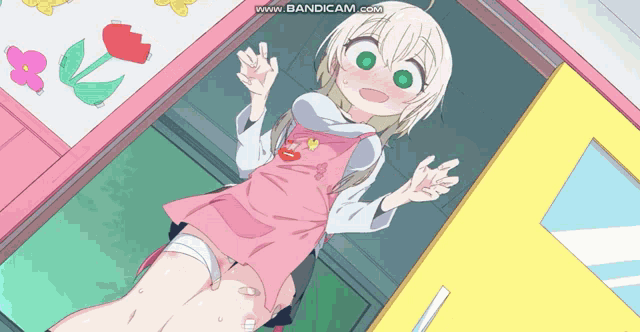 a girl in a pink apron is standing in front of a yellow door that says www.bandicam.com on it