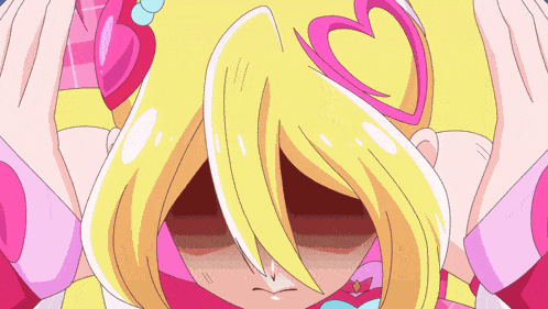 a cartoon girl with a heart on her head is covering her face with her hands