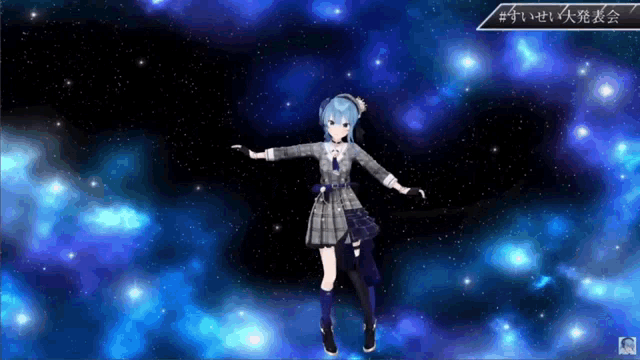 a girl with blue hair is dancing in front of a galaxy