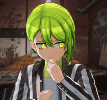 a girl with green hair and yellow eyes is wearing a black and white striped jacket