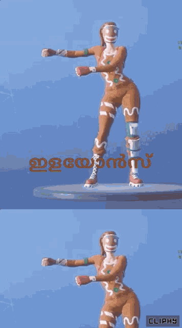 a gingerbread woman is dancing in front of a blue background with cliphs written on it
