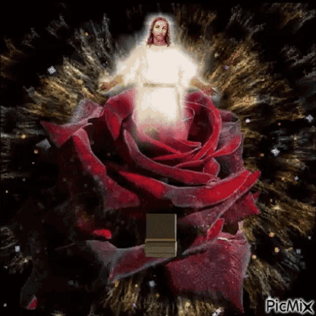 jesus is surrounded by a red rose and a light coming out of it .