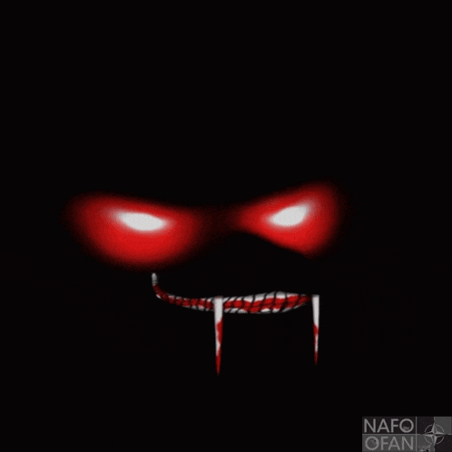a cartoon of a dog with red eyes and bloody teeth