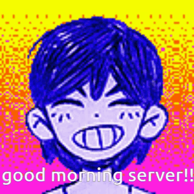 a pixel art of a boy with blue hair and the words good morning server